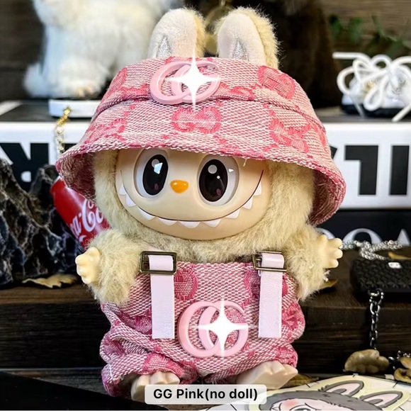 no brand Other - Labubu Clothes Outfit Pink GG Overalls and Hat Set